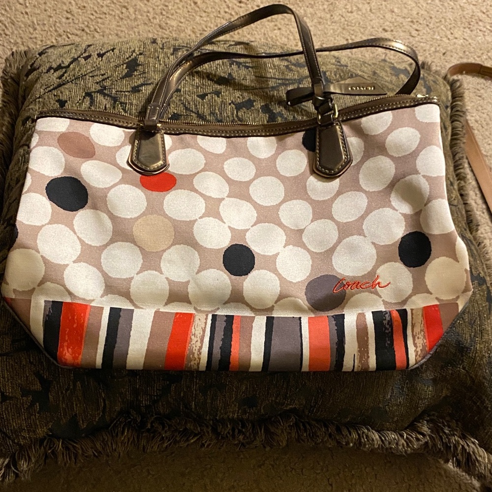 Coach Poppy Polka Dot and Stripe Watercolor Nylon Tote - Cream and Red